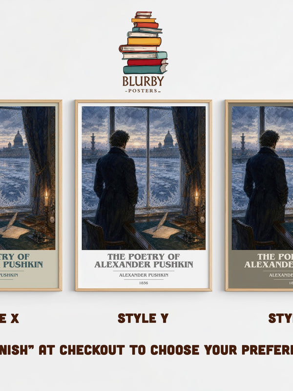 The Poetry of Alexander Pushkin book cover print in frame leaning in hallway – poetry wall art