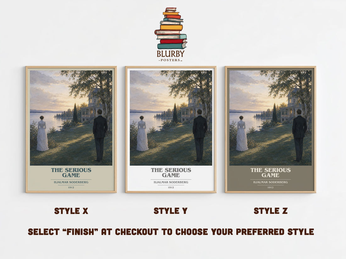 The Serious Game book cover print in frame leaning in hallway – literary fiction wall art (mockup)