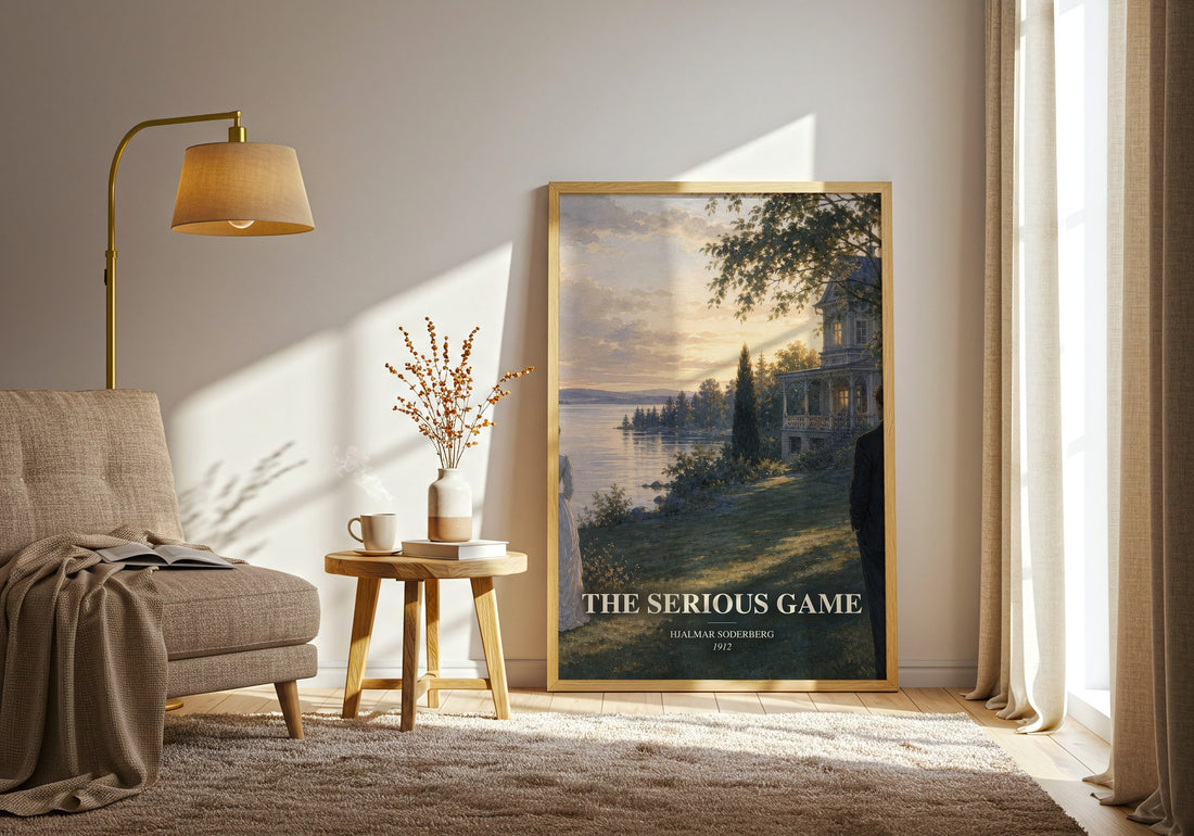 The Serious Game watercolour print in frame leaning in hallway – literary fiction wall art