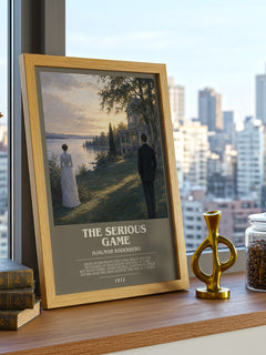 The Serious Game Bookish Wall Art by Hjalmar Soderberg – framed print on a city-view windowsill