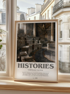Histories bookish print in frame leaning in hallway – non fiction wall art
