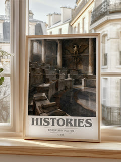 Histories book cover print in frame leaning in hallway – non fiction wall art