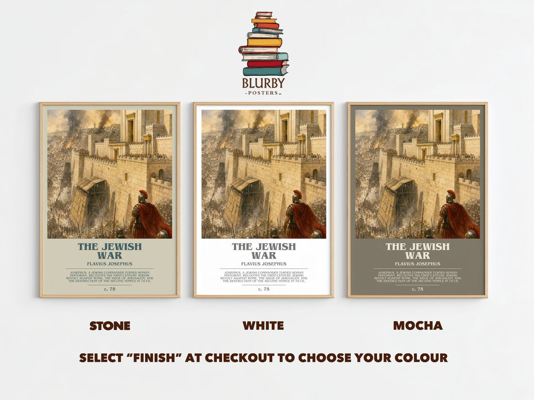 The Jewish War bookish print framed by window – Stone, White and Mocha side by side – choose your colour