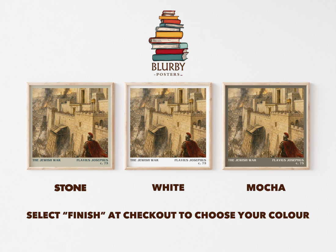 The Jewish War literary print framed by window – Stone, White and Mocha square prints side by side – choose your colour