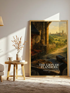 The Lion of Flanders watercolour print in frame leaning in hallway – historical fiction wall art