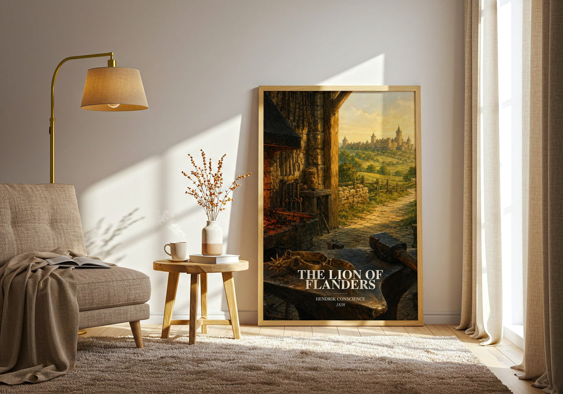The Lion of Flanders watercolour print in frame leaning in hallway – historical fiction wall art
