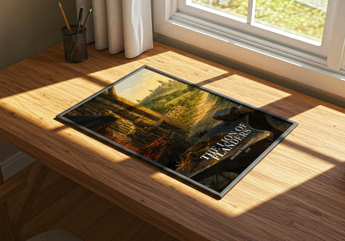 The Lion of Flanders watercolour book poster framed on wall – historical fiction wall art