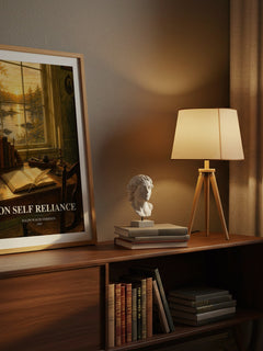 On Self Reliance watercolour print on bookshelf – Ralph Waldo Emerson fan gift