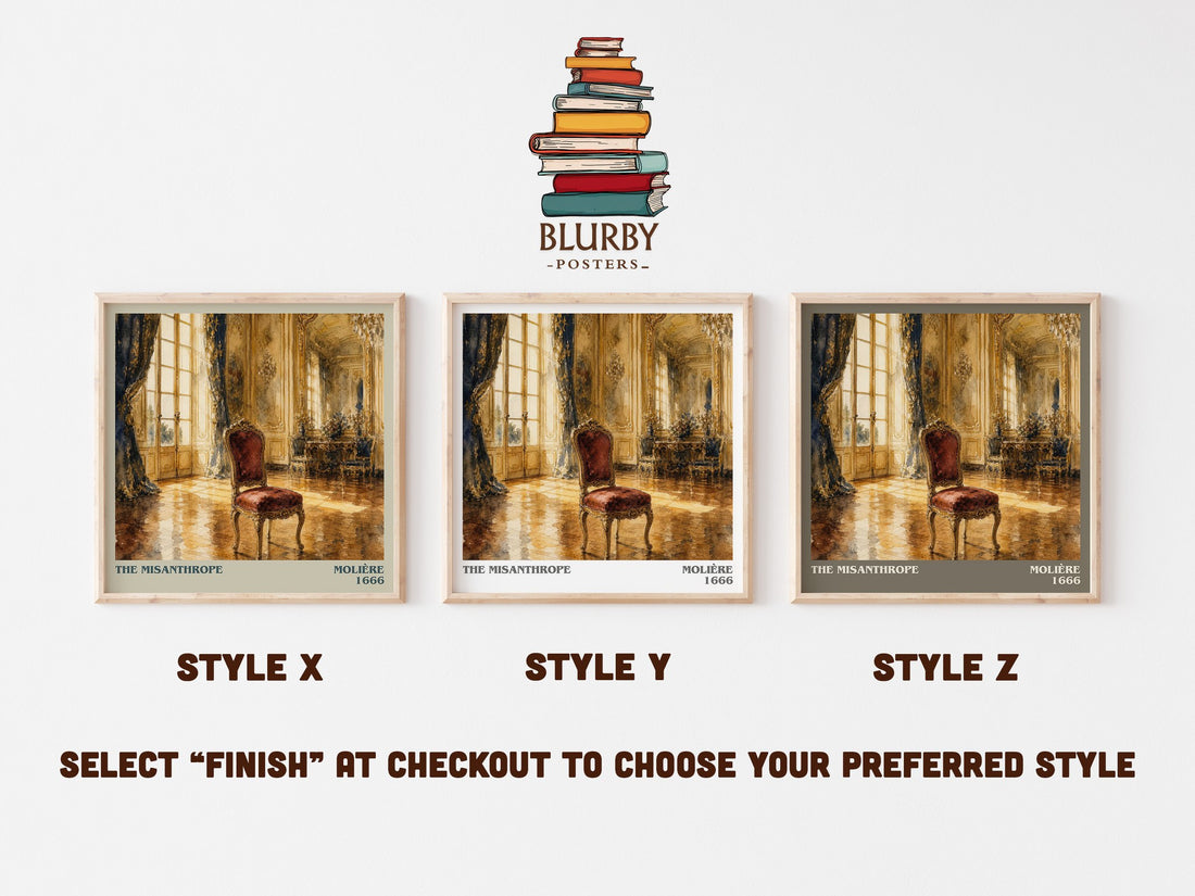 The Misanthrope literary print in frame leaning in hallway – classic literature wall art (mockup)
