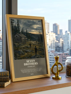 Seven Brothers Bookish Wall Art by Aleksis Kivi – framed print on a city-view windowsill