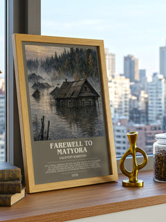 Farewell To Matyora Bookish Wall Art by Valentin Rasputin – framed print on a city-view windowsill