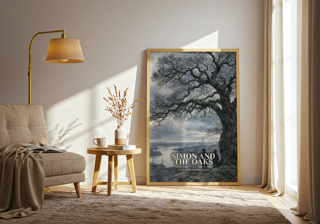 Simon and the Oaks watercolour print in frame leaning in hallway – historical fiction wall art