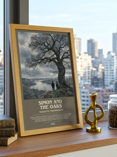 Simon and the Oaks Bookish Wall Art by Marianne Fredriksson – framed print on a city-view windowsill