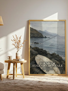 Poems of Eugenio Montale watercolour print in frame leaning in hallway – poetry wall art