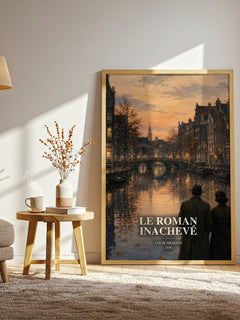 Le Roman Inachevé watercolour print in frame leaning in hallway – poetry wall art