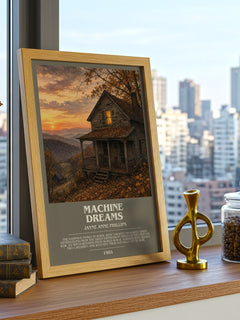 Machine Dreams Bookish Wall Art by Jayne Anne Phillips – framed print on a city-view windowsill