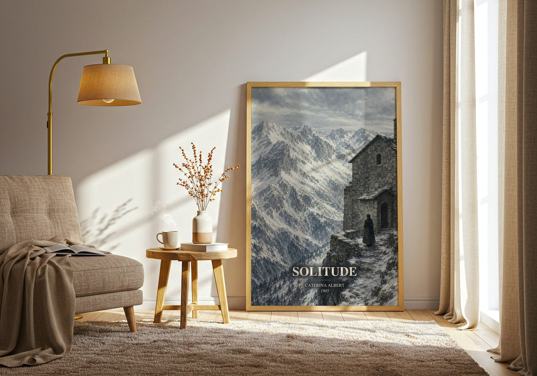 Solitude watercolour print in frame leaning in hallway – literary fiction wall art