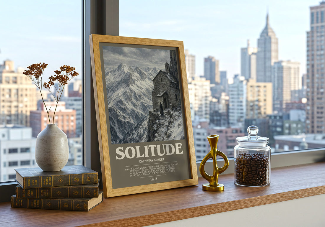Solitude Bookish Wall Art by Caterina Albert – framed print on a city-view windowsill