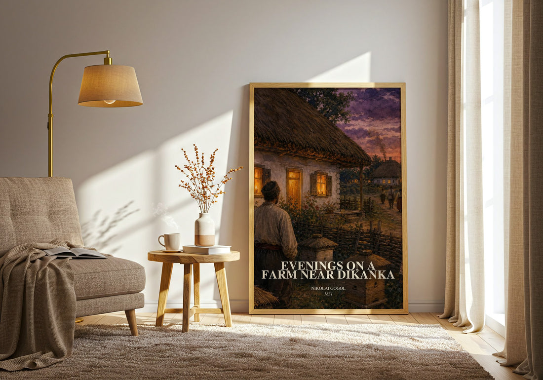 Evenings On A Farm Near Dikanka watercolour print in frame leaning in hallway – classic literature wall art