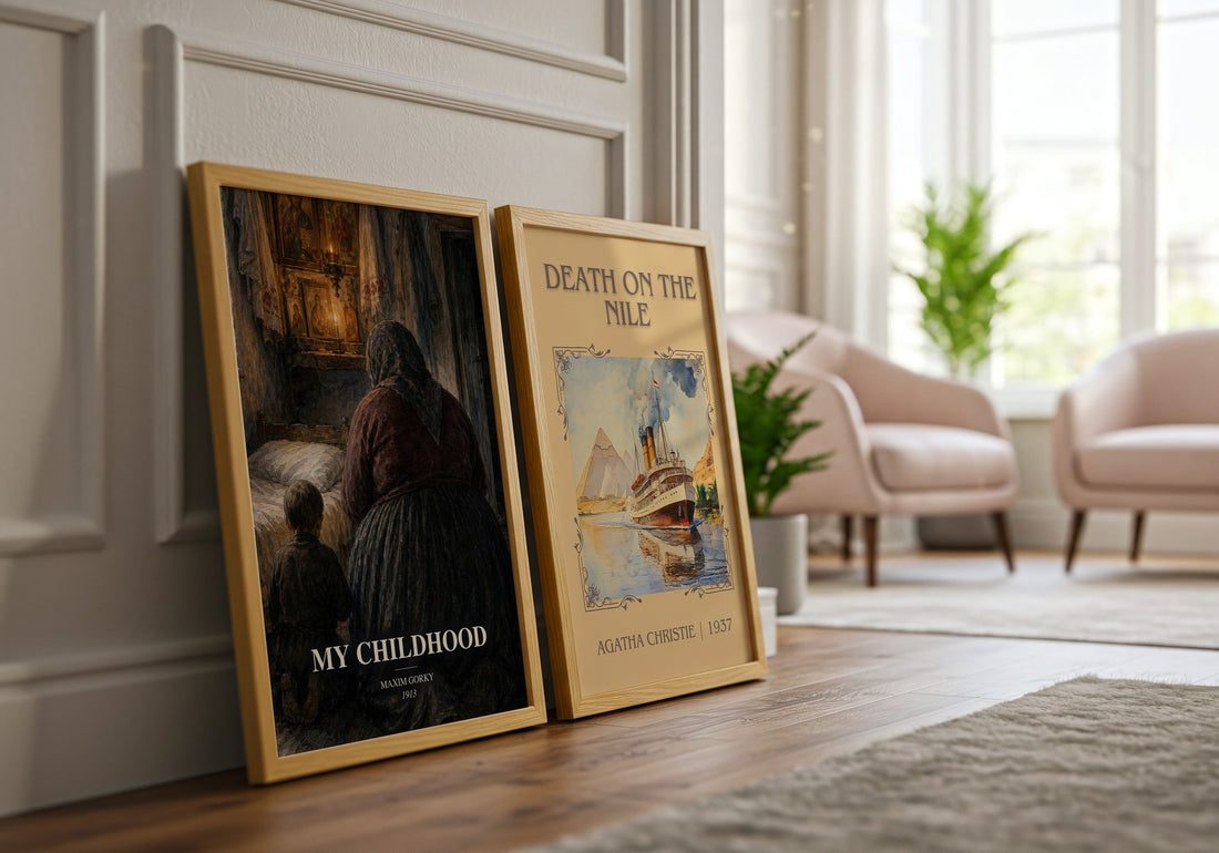 My Childhood watercolour print framed by window – literary home decor
