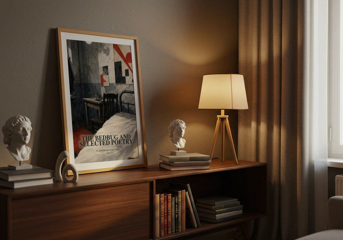 The Bedbug And Selected Poetry watercolour print on bookshelf – Vladimir Mayakovsky fan gift