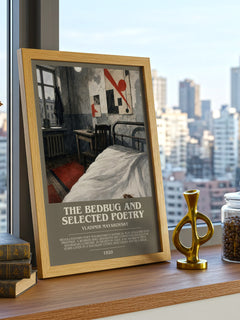 The Bedbug And Selected Poetry Bookish Wall Art by Vladimir Mayakovsky – framed print on a city-view windowsill