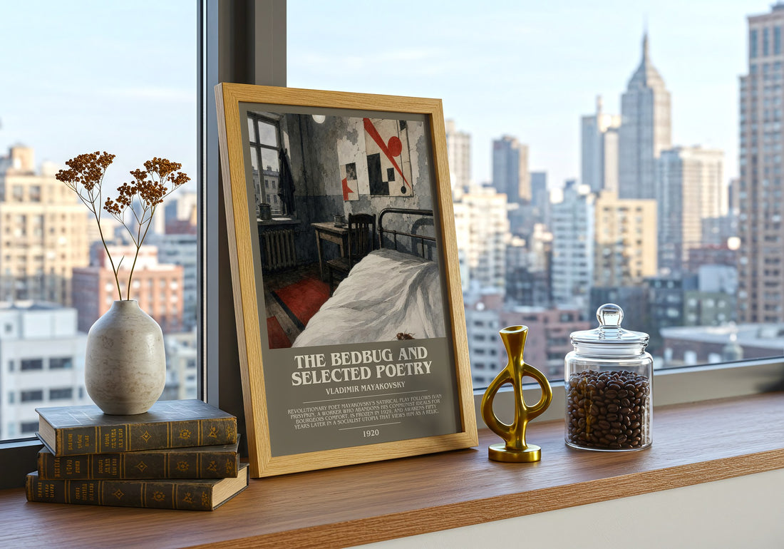 The Bedbug And Selected Poetry Bookish Wall Art by Vladimir Mayakovsky – framed print on a city-view windowsill