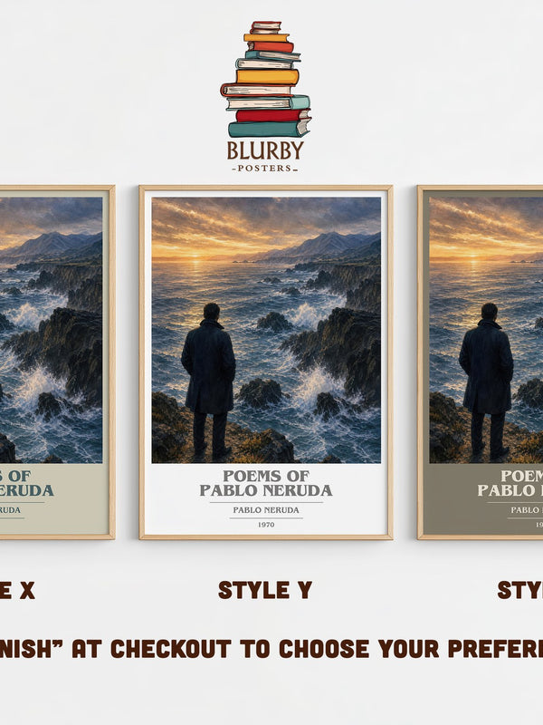 Poems of Pablo Neruda book cover print in frame leaning in hallway – poetry wall art