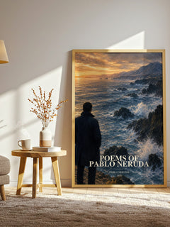 Poems of Pablo Neruda watercolour print in frame leaning in hallway – poetry wall art