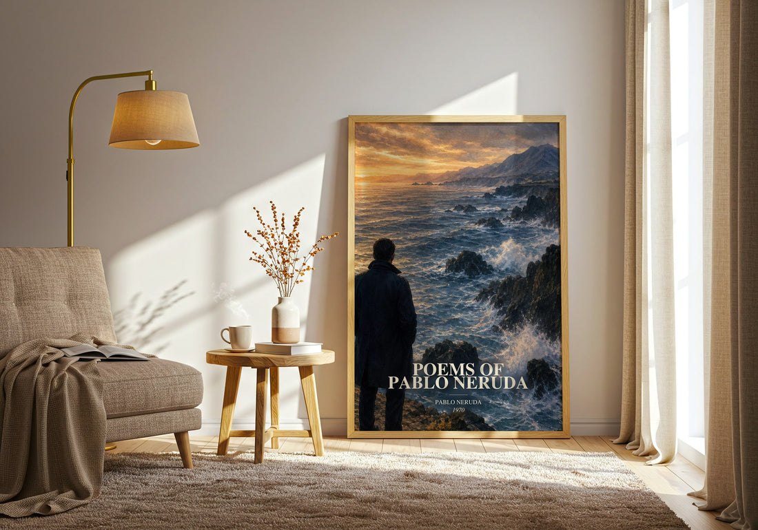 Poems of Pablo Neruda watercolour print in frame leaning in hallway – poetry wall art