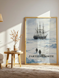 Farthest North watercolour print in frame leaning in hallway – memoir wall art