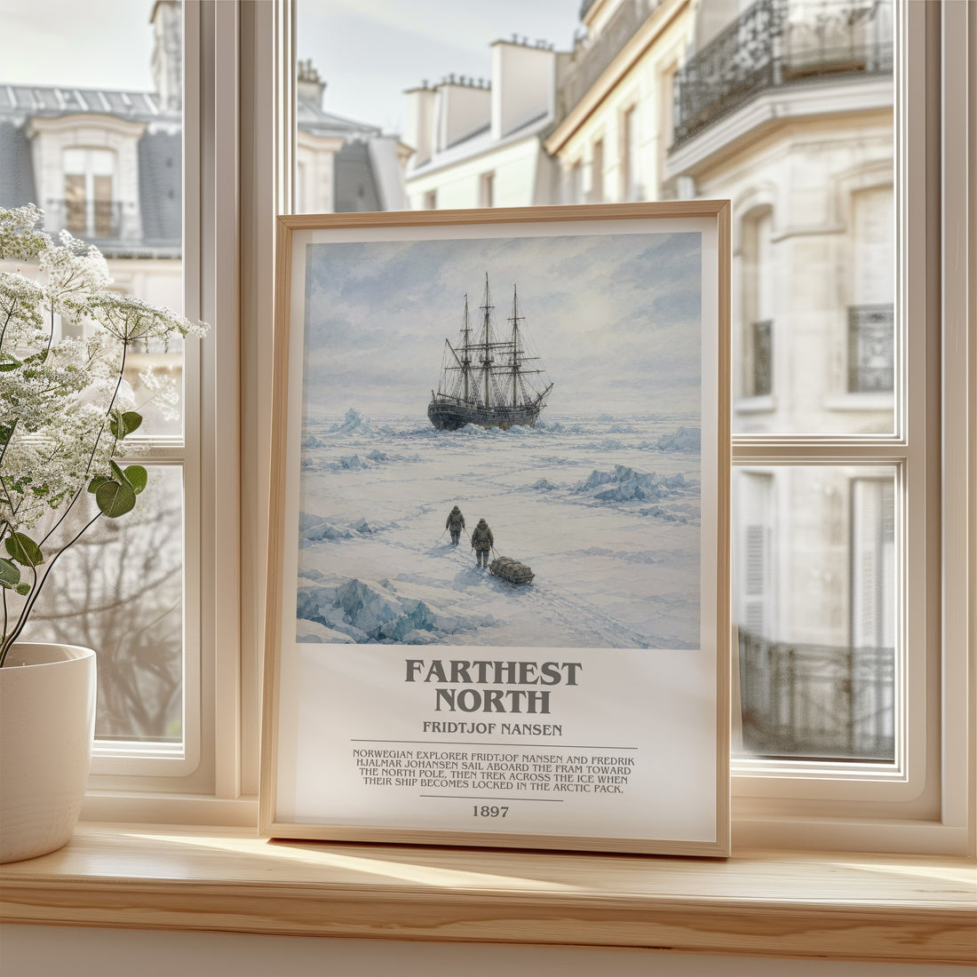 Farthest North Bookish Wall Art by Fridtjof Nansen – framed print by a bright window