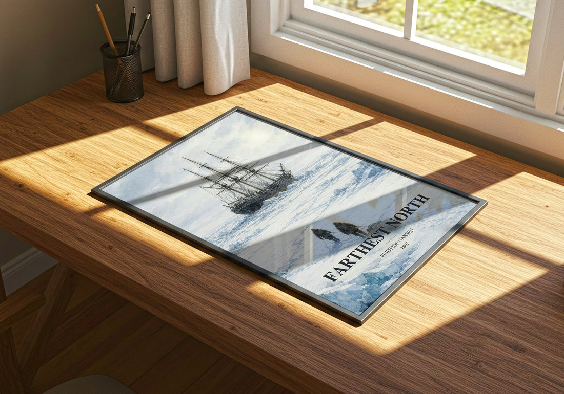 Farthest North watercolour book poster framed on wall – memoir wall art