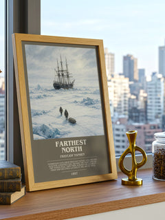 Farthest North Bookish Wall Art by Fridtjof Nansen – framed print on a city-view windowsill