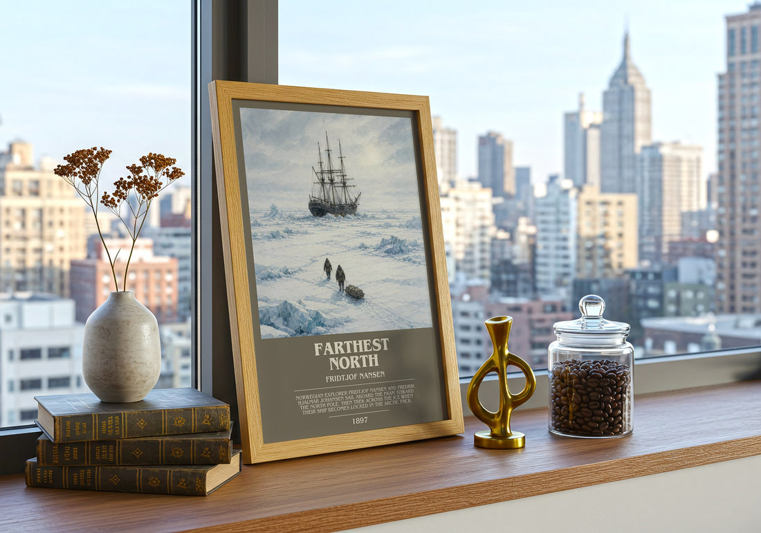 Farthest North Bookish Wall Art by Fridtjof Nansen – framed print on a city-view windowsill