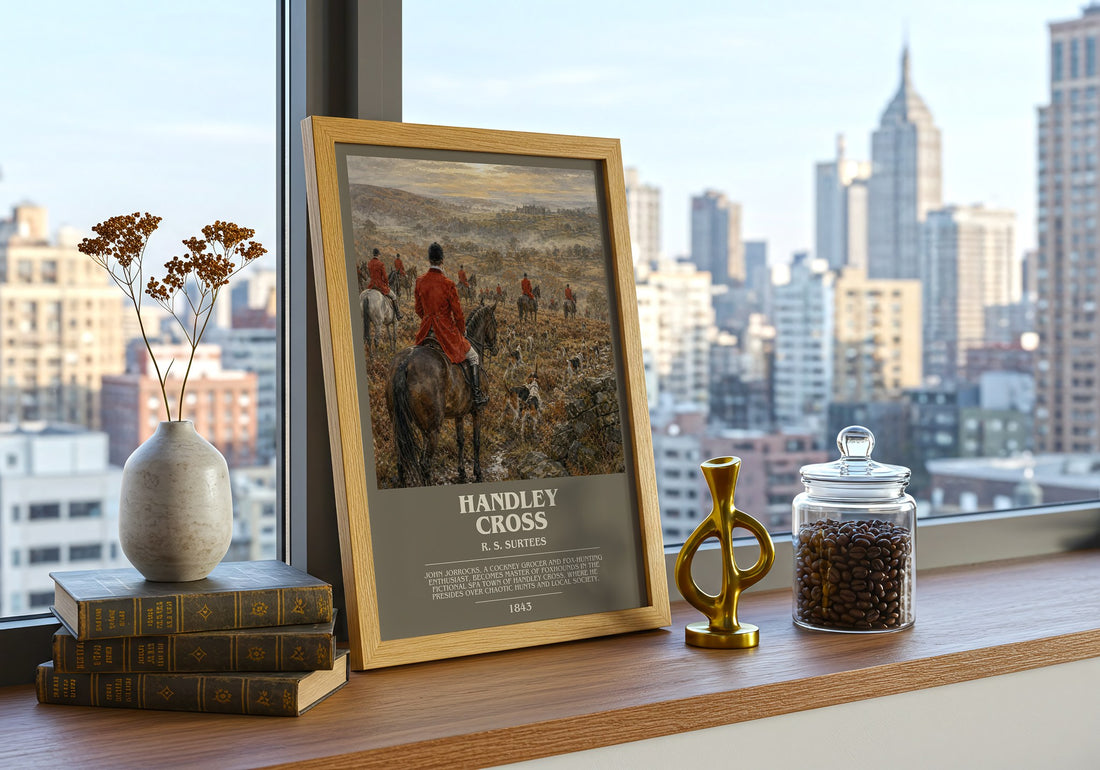 Handley Cross Bookish Wall Art by R. S. Surtees – framed print on a city-view windowsill