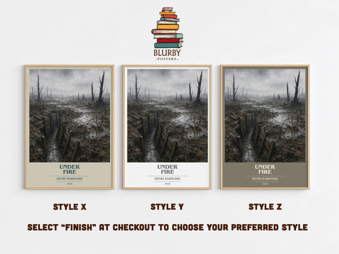 Under Fire book cover print in frame leaning in hallway – literary fiction wall art (mockup)