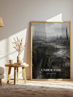 Under Fire watercolour print in frame leaning in hallway – literary fiction wall art