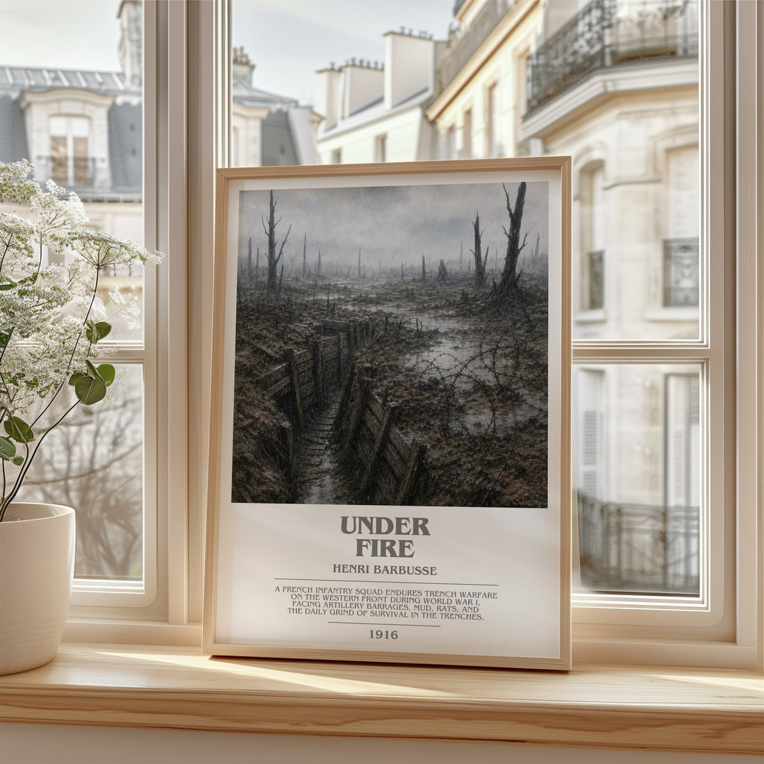 Under Fire Bookish Wall Art by Henri Barbusse – framed print by a bright window