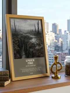 Under Fire Bookish Wall Art by Henri Barbusse – framed print on a city-view windowsill