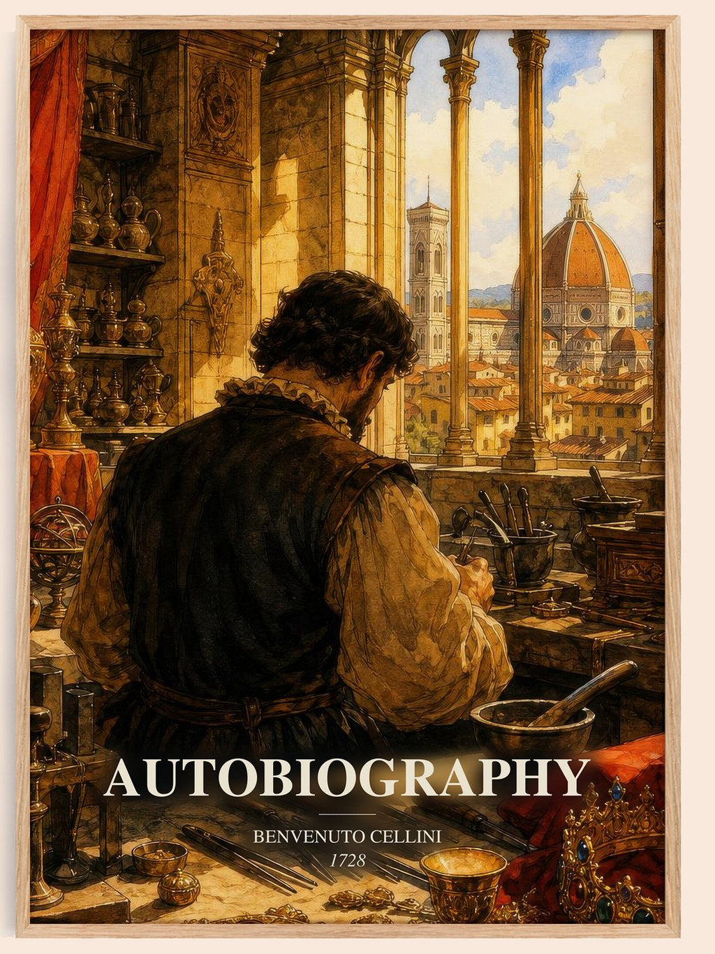 Autobiography watercolour book poster by Benvenuto Cellini – framed literary art print