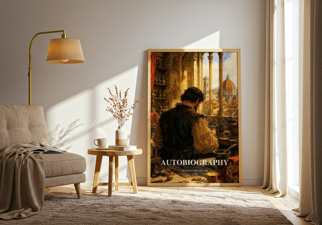 Autobiography watercolour print in frame leaning in hallway – memoir wall art