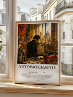 Autobiography Bookish Wall Art by Benvenuto Cellini – framed print by a bright window