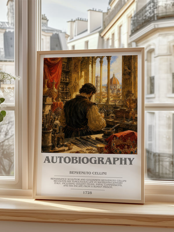 Autobiography Bookish Wall Art by Benvenuto Cellini – framed print by a bright window