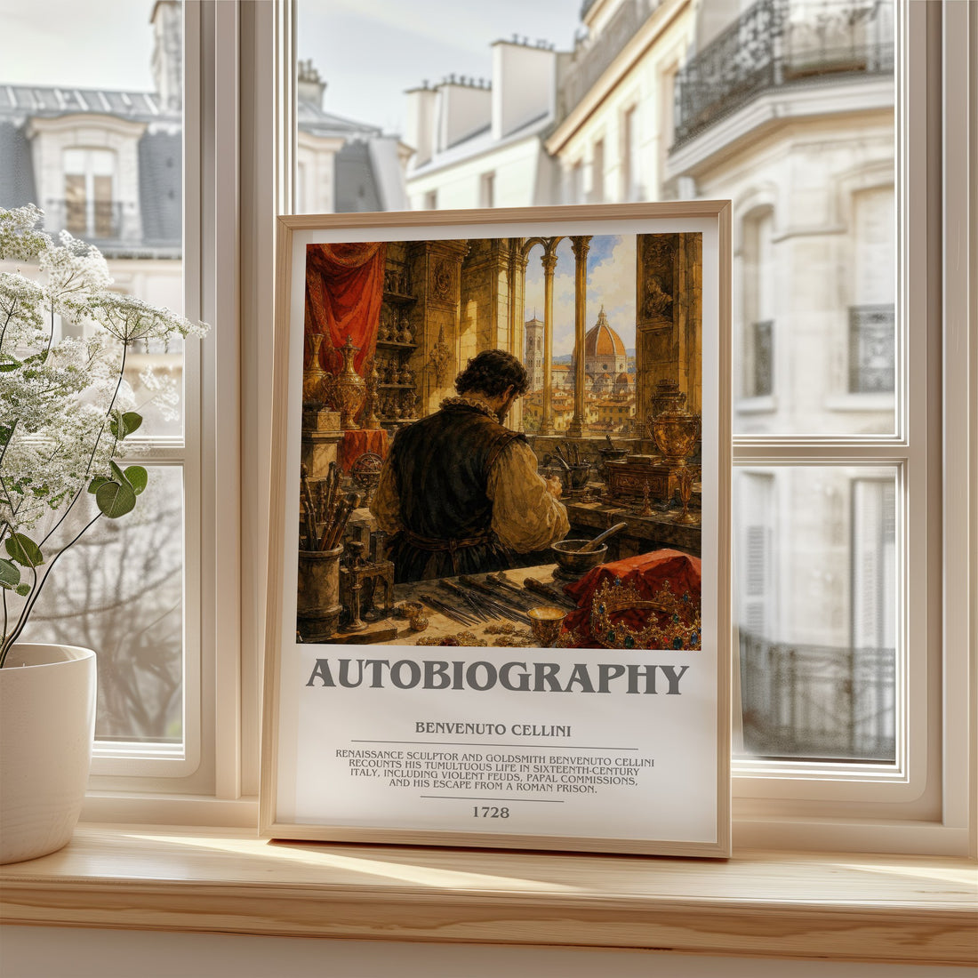 Autobiography Bookish Wall Art by Benvenuto Cellini – framed print by a bright window