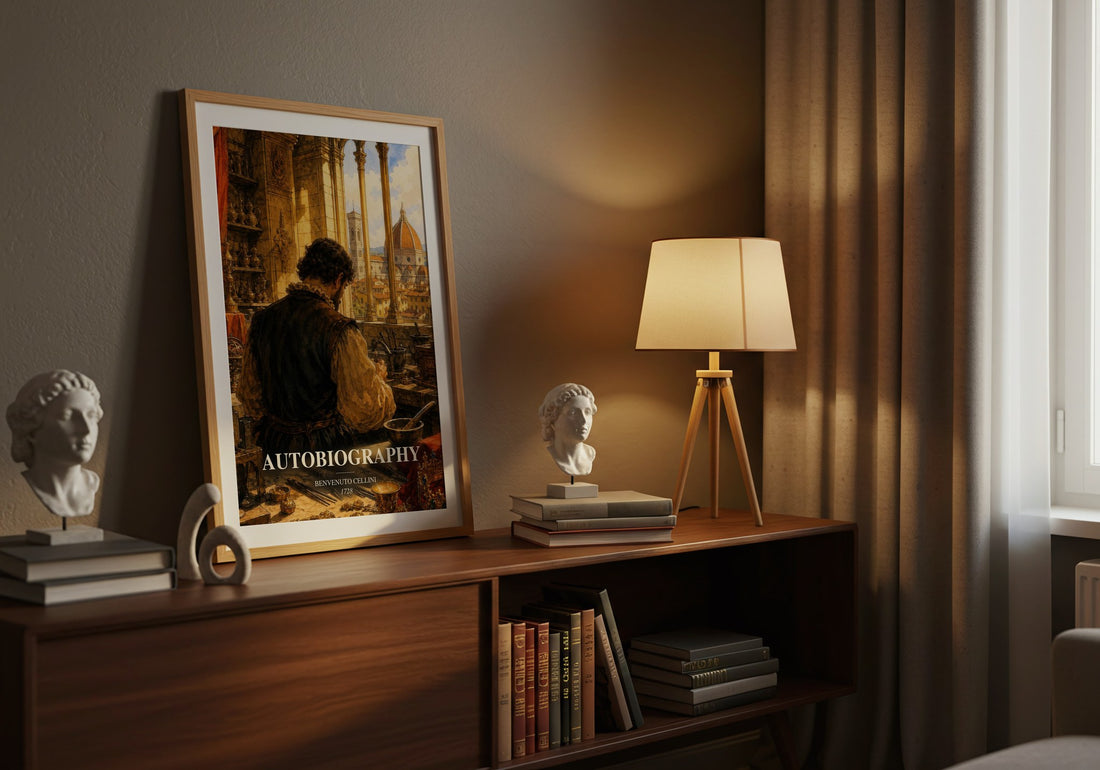 Autobiography watercolour print on bookshelf – Benvenuto Cellini fan gift