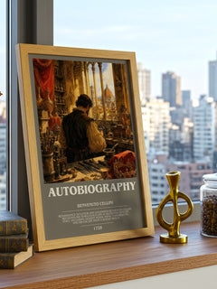 Autobiography Bookish Wall Art by Benvenuto Cellini – framed print on a city-view windowsill