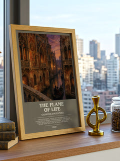 The Flame Of Life Bookish Wall Art by Gabriele D'Annunzio – framed print on a city-view windowsill