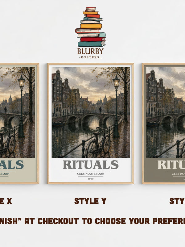 Rituals book cover print in frame leaning in hallway – literary fiction wall art