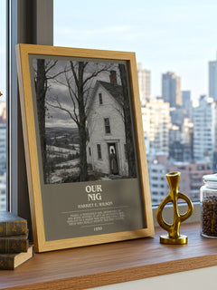 Our Nig Bookish Wall Art by Harriet E. Wilson – framed print on a city-view windowsill